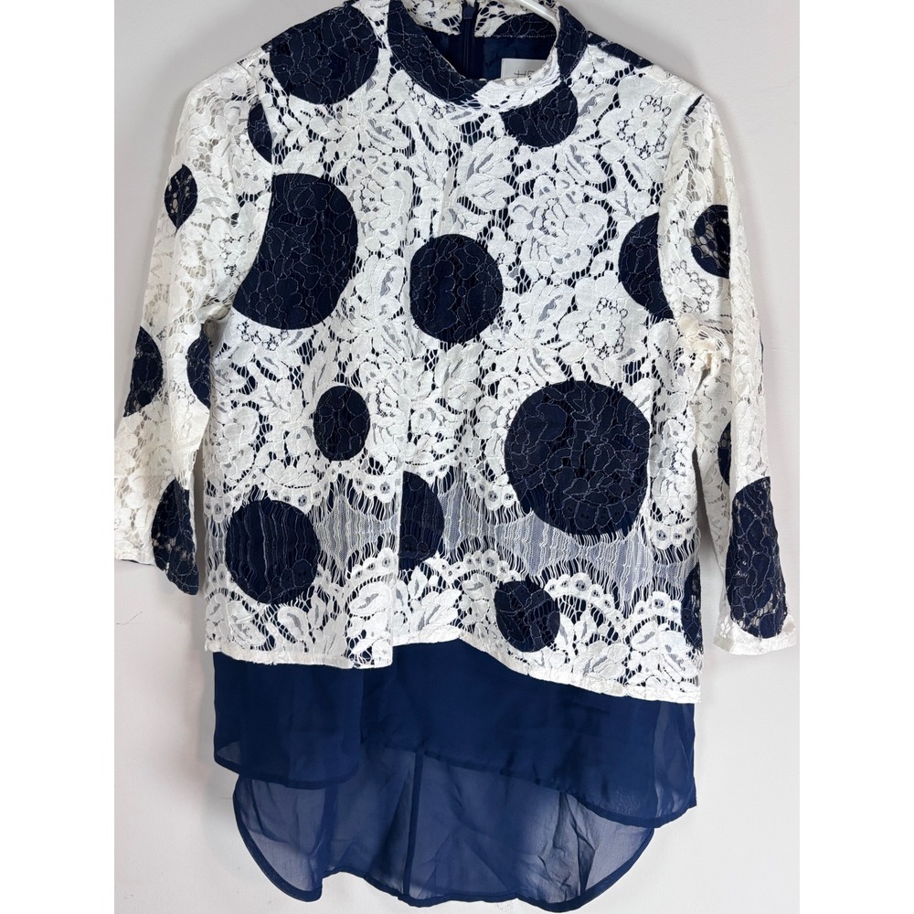 HD in Paris Anthropologie Lace Polka Dot High Low Blouse Navy White Size 4